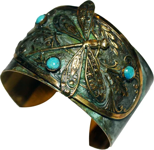 Vista 2 de Elaine Coyne Collectible Artwear Verdigris Patina - Pulsera de latón con diseño victoriano de libélula, turquesa, edición limitada vintage, Latón