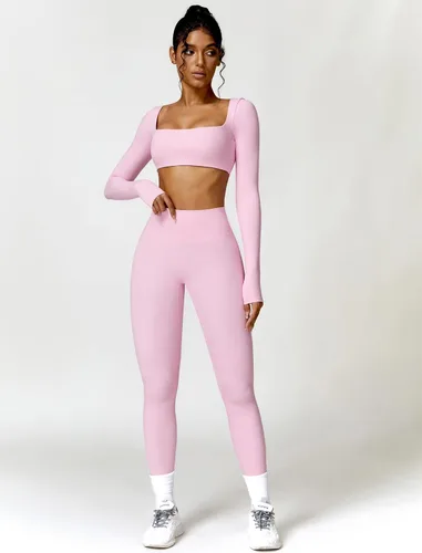 Vista 3 de ABOCIW Conjuntos de entrenamiento para mujer, 2 piezas, parte delantera torcida, manga larga, ombliguera de cintura alta, leggings acampanados