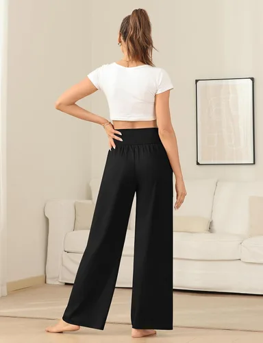 Vista 4 de UEU Pantalones de yoga para mujer, de pierna ancha, casuales, holgados, acogedores, de cintura alta, cómodos, holgados, con bolsillos