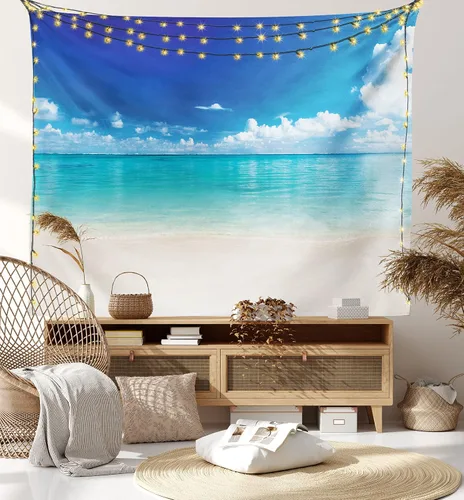 Vista 7 de Lunarable Tapiz oceánico, playa de arena costera natural y costa caribeña vista del paraíso celestial, decoración de tela para colgar en la pared