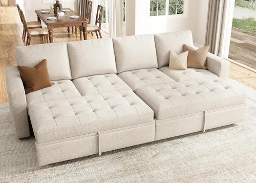 Vista 20 de HONBAY Sofá cama modular modular con cama extraíble, sofá en forma de L con asiento de almacenamiento, sofás seccionales para sala de estar, beige