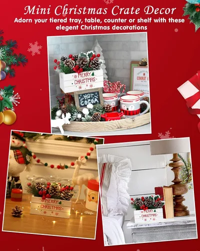 Vista 6 de 26 piezas de decoración de centro de mesa de Navidad, mini decoración de bandeja escalonada de Navidad, flor artificial de pino con piñas y bayas