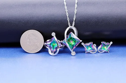 Vista 5 de Uloveido T295 - Juego de collar, anillo y aretes con topacio de cristal cuadrado grande