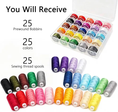 Vista 5 de Kit de hilo de coser de 50 piezas, 25 colores, 400 yardas/carrete con bobinas preenrolladas a juego, hilo de poliéster para máquinas de coser