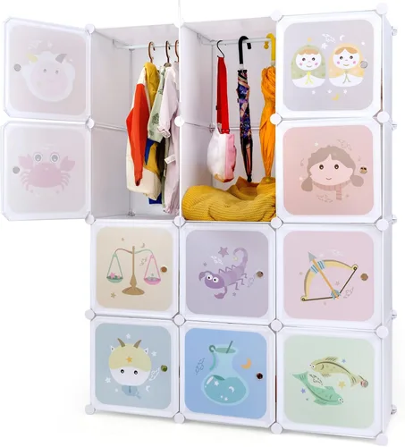 Vista 14 de INFANS Armario para niños, armario portátil para bebé, lindo para dormitorio de niños, armario de guardería con puertas, 12 cubos, 2 secciones