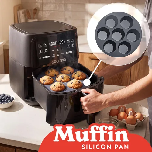 Vista 3 de Gourmia Set de Accesorios para Freidora de Aire - Juego de 3 Piezas de Silicona, Forro, Olla para Huevos, Molde para Cupcakes de 7 Agujeros, Sin