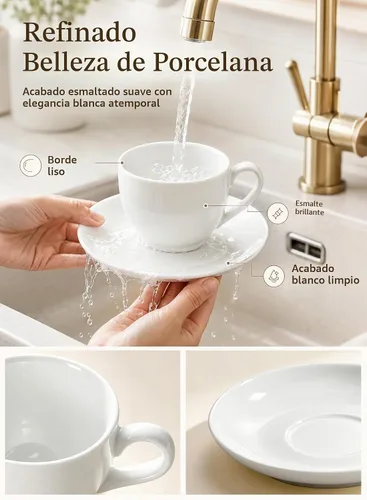 Vista 4 de Juego de tazas de café de porcelana con platillo, taza y platillo de Blanco