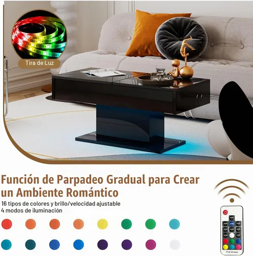 Vista 4 de Mesa de café negra moderna con almacenamiento oculto para sala de estar, mesa central rectangular de sala de estar con tapa deslizante y luces LED
