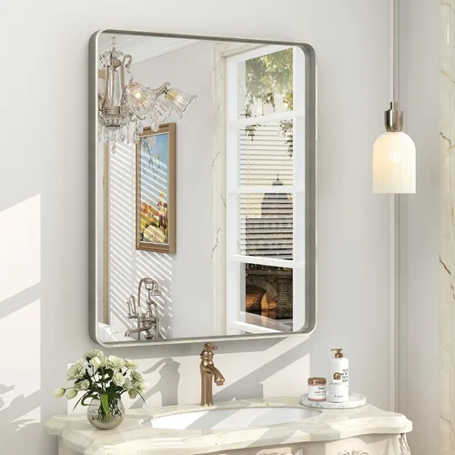 Vista 54 de Paquete de 2 espejos de baño con marco de metal negro de 22 x 30 pulgadas, espejo rectangular redondeado negro mate, antioxidante, se cuelga