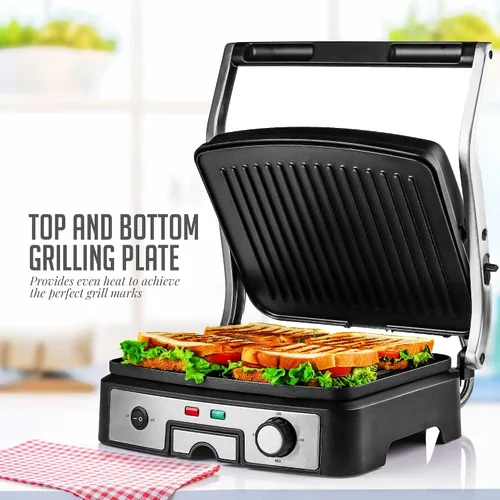 Vista 5 de OVENTE Sandwichera eléctrica Panini Press, parrilla interior de 1500 W con placas revestidas antiadherentes, control de temperatura y bandeja