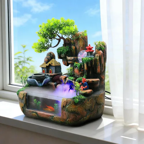 Vista 26 de Mini fuente artificial de mesa de roca con función de niebla de cascada de árbol bonsái