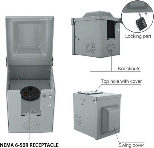 Vista 3 de Miady Caja de toma de corriente de 50 amperios 6-50R de 250 voltios, cerrada con cerradura y resistente a la intemperie, panel de receptáculo