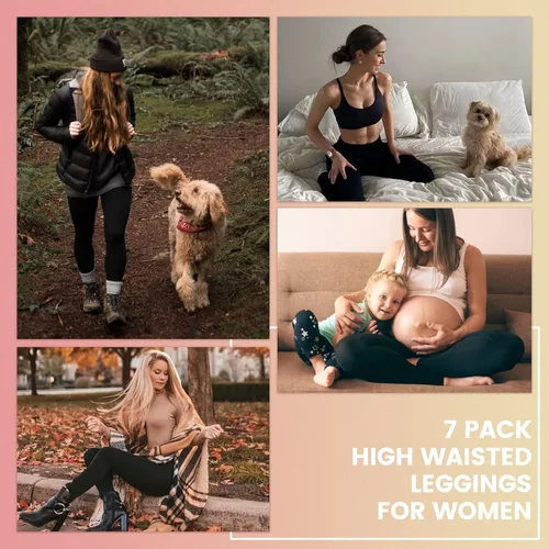 Vista 2 de iceROSE Paquete de 7 leggings para mujer, leggings de cintura alta con forro polar suave, pantalones de yoga negros para entrenamiento, correr