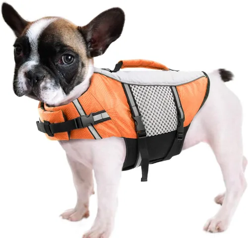 Vista 14 de Chaleco salvavidas para perros, chaleco de natación, ligero, altamente reflectante, para mascotas, con asa de elevación y anillo para correa
