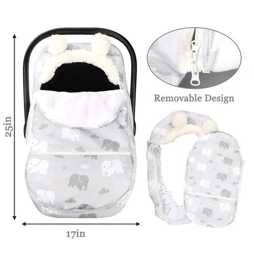 Vista 5 de Funda de asiento de coche para niños, funda acogedora y cálida de invierno, funda de asiento de coche para bebé con diseño de elefante, toldo