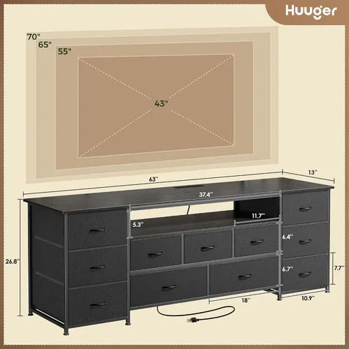 Vista 3 de Huuger Soporte de TV de 63 pulgadas para TV de 65, 70 pulgadas, cómoda larga con 11 cajones con tomas de corriente y luces LED, centro