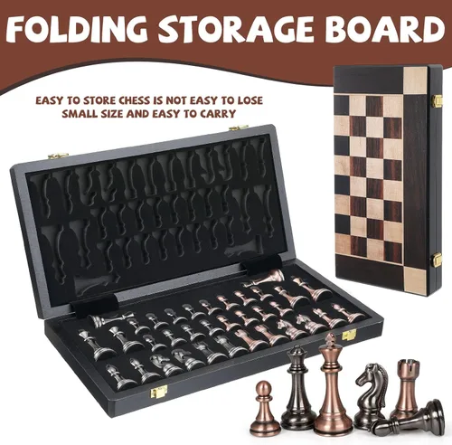 Vista 5 de Juego de ajedrez de metal grande de 15 pulgadas para adultos y niños con piezas de ajedrez de metal, tablero de madera plegable con almacenamiento