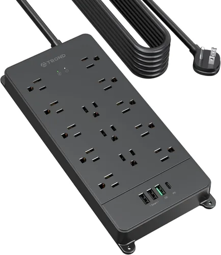 Vista 11 de TROND - Alargador de corriente con enchufe plano giratorio 360°, protector contra sobretensiones, 13 tomas amplias con 3 puertos USB C, 4000 J
