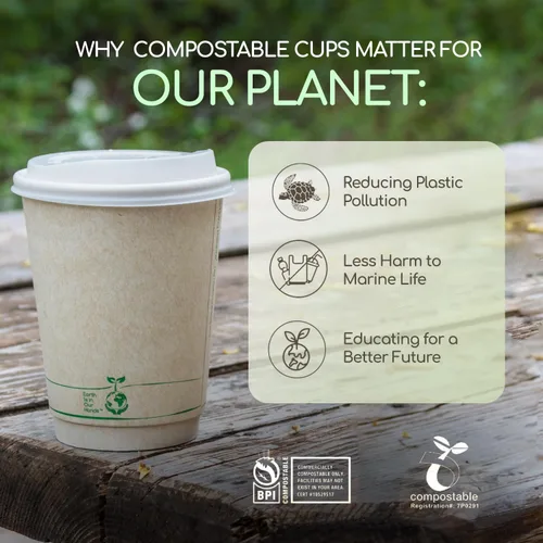Vista 6 de Living Balance Certified Compostable Coffee Cups 12 oz 50 Pack with Lids
