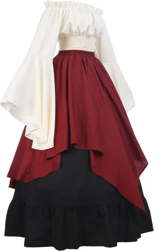 Vista 2 de CR ROLECOS Disfraz renacentista para mujer, vestido medieval de campesina, manga de trompeta victoriana, camisa y falda para feria renacentista