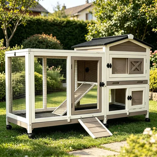 Vista 13 de GUTINNEEN Conejera grande para conejos, gallinero de madera para exteriores, resistente a la intemperie, jaula de conejillo de indias con techo