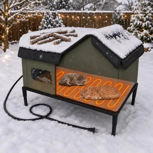 Vista 8 de Casa climatizada para gatos para exteriores, refugio de invierno aislado a la intemperie con base elevada y ventana transparente, puerta de escape