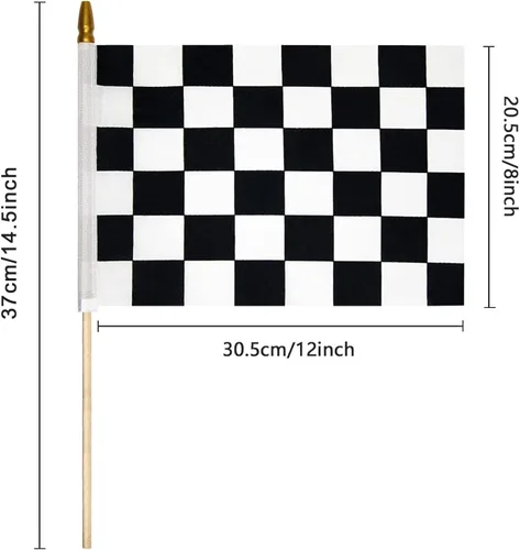 Vista 3 de Paquete de 12 banderas de carreras a cuadros en blanco y negro de 8 x 12 pulgadas en palo, mini bandera de mano con parte superior de lanza segura