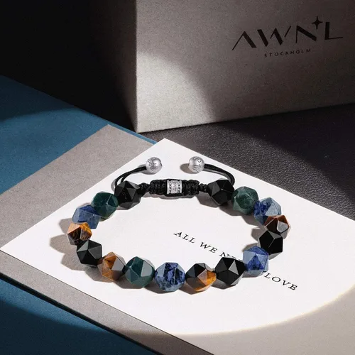 Vista 2 de AWNL Pulsera de cuentas multicolores para hombre, piedras naturales, ojo de tigre, ónix, amatista, plata, obsidiana (0.394 pulgadas), trenzada