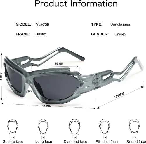 Vista 7 de VANLINKER Gafas de sol envolventes ovaladas para mujeres y hombres, a la moda, deportes, irregulares, color negro, gafas oscuras Swift VL9739