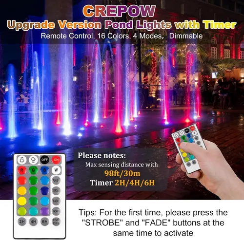 Vista 3 de Luces RGB para estanque con temporizador, luz LED sumergible bajo el agua, 98 pies, control remoto, IP68, impermeable, coloridos focos de paisaje