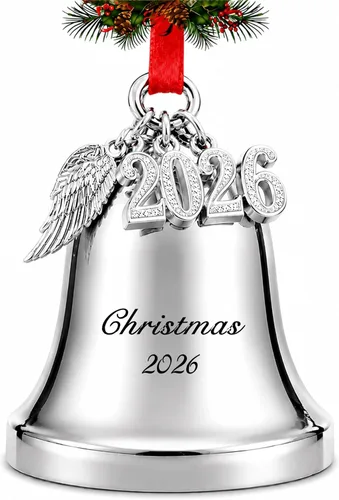 Vista 10 de JUPPE It's A Wonderful Life Adorno de campana de Navidad, adorno de campana dorada grabada con ala de ángel y dije 2025 (dorado)