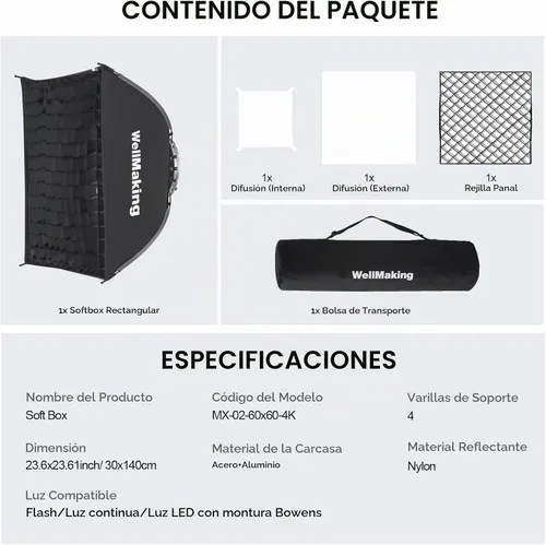 Vista 6 de WELLMAKING Caja de luz rectangular de 23.6 x 35.4 in/23.6 x 35.4 pulgadas, caja suave de estudio con difusores/rejilla de panal/bolsa, compatible