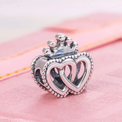 Vista 3 de Cuentas de plata de ley 925 con doble corazón y corazón para pulsera europea, Circonita Cúbica