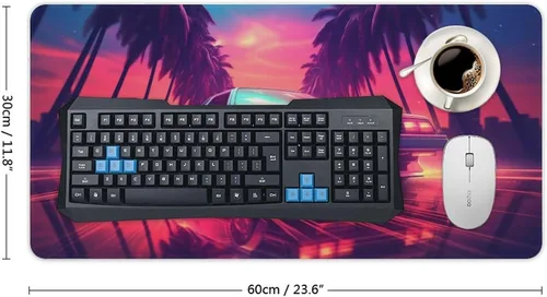 Vista 2 de Large Mouse Pad JDM Sports Drift Car Cyber Synthwave Palm Trees Desk Mat Computer Accessories Gaming Office Organizers Supplies Decor Essentials