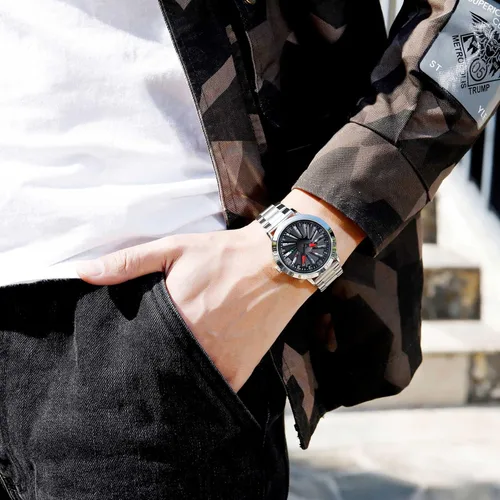 Vista 5 de RORIOS Relojes creativos para hombre, reloj analógico de cuarzo con correa de acero inoxidable, reloj giratorio de rueda de automóvil 3D, relojes