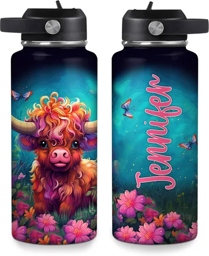 Vista 11 de Hyturtle Botella de agua personalizada de vaca Highland, botella de acero inoxidable aislada con tapa a prueba de fugas, 18 onzas, 32 onzas, regalo