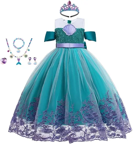 Vista 8 de Vestidos de tul de princesa sirena para niñas, disfraz de Halloween, carnaval, Navidad, fiesta de cumpleaños con accesorios