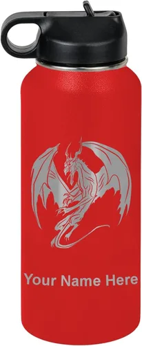 Vista 32 de LaserGram Botella de agua con tapa abatible de doble pared de 12 onzas con pajilla, dragón, grabado personalizado incluido (negro)