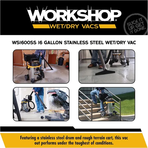 Vista 4 de WORKSHOP Wet/Dry Vacs Shop Vacuum WS1600SS Aspiradora de acero inoxidable de 16 galones y 6.5 pico HP con filtro, bolsa para polvo, manguera