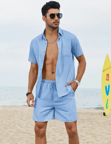 Vista 3 de COOFANDY Men 2 Piece Linen Set Casual Short Sleeve Shirt and Short Beach Set