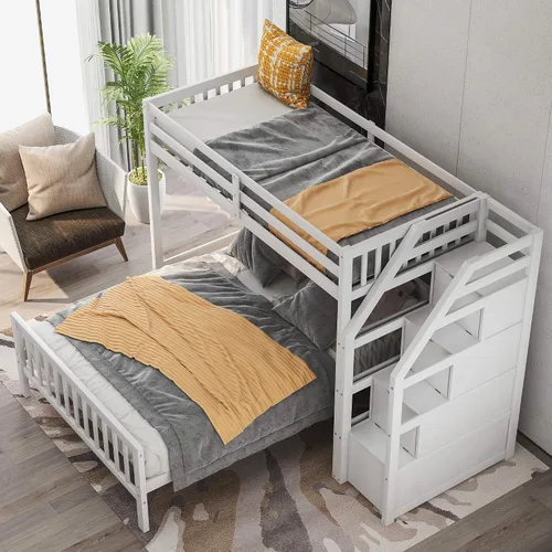 Vista 4 de Merax Litera de madera maciza de tamaño individual sobre matrimonial con 3 almacenamiento, cama alta de madera y marco de cama de plataforma, se
