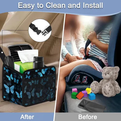 Vista 5 de Organizador de asiento trasero de automóvil, de piel sintética, organizador colgante con bolsillos, a prueba de fugas, bolsa de basura colgante
