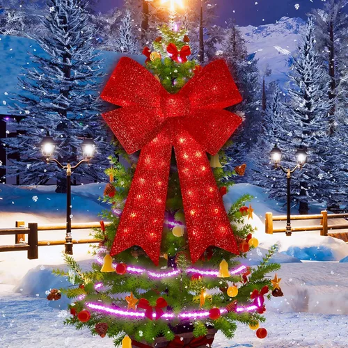Vista 5 de Arcos de Navidad de 32 pulgadas con 72 luces LED rojas parpadeantes, decoración de árbol de Navidad con luces LED, arco de corona de luz superior