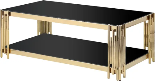 Vista 6 de Mesa de centro moderna de cristal, mesa de centro de sofá de 48 pulgadas con marco de acero inoxidable dorado y parte superior de vidrio negro, mesa