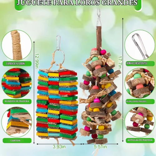 Vista 3 de Soulchen Juego de 4 juguetes de loro de pájaro extra grande, juguete masticable de madera natural, bola de ratán, cuerda de lufa de tuerca de madera