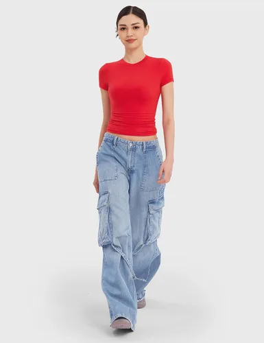Vista 5 de PUMIEY Camiseta básica de manga corta con cuello redondo para mujer, con doble forro, ajustada, colección Smoke Cloud Pro