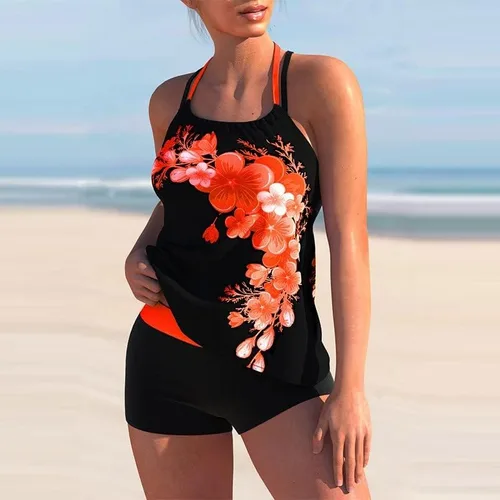 Vista 2 de Traje de baño tankini con estampado de lunares para mujer, traje de baño de dos piezas, ajuste holgado, traje de baño atlético sin espalda