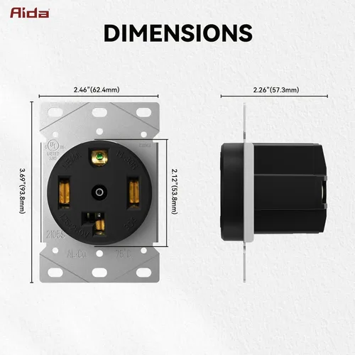 Vista 7 de AIDA Receptáculo para secadora de 30 amperios, 3 polos, 4 cables, 125/250 voltios, 14-30R, montaje empotrado, resistente, listado UL, paquete de 1