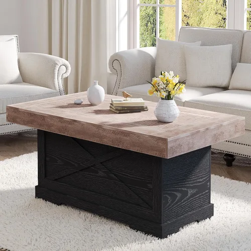 Vista 10 de Mesa de café Lareth 39 pulg. Mesa de centro rústica con pedestal de madera en X para sala de estar, ahorro de espacio, mesa de té de diseño