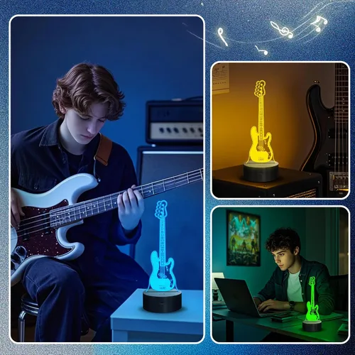 Vista 5 de CoolGift Mart Luz Nocturna de Guitarra Bajo, Lámpara LED 3D de Ilusión Óptica con Control Remoto y Temporizador, Regalos para Jugadores de Guitarra